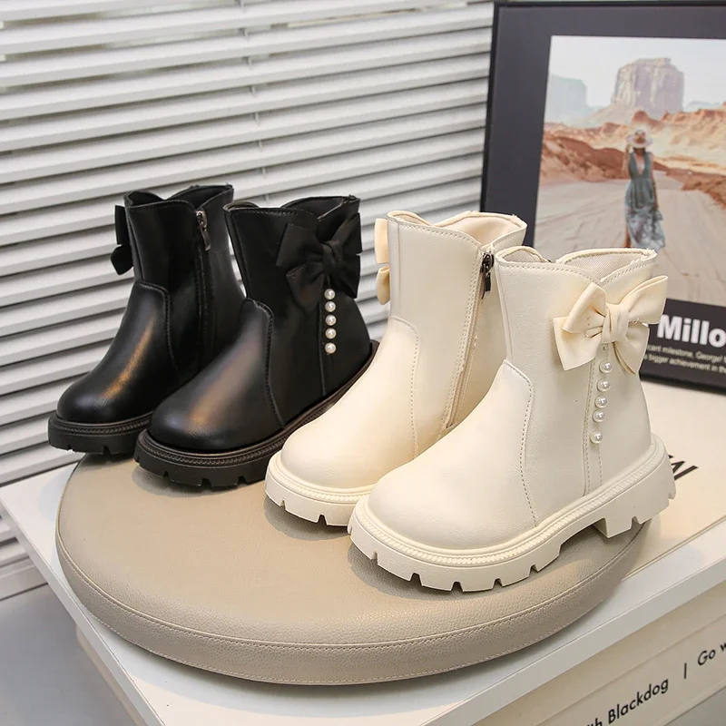 

Girls Short Boots Big Bows Kids Leather Boots Princess Style Versatile 2025 Autumn Winter Children Fashion Boots Soft Elegant