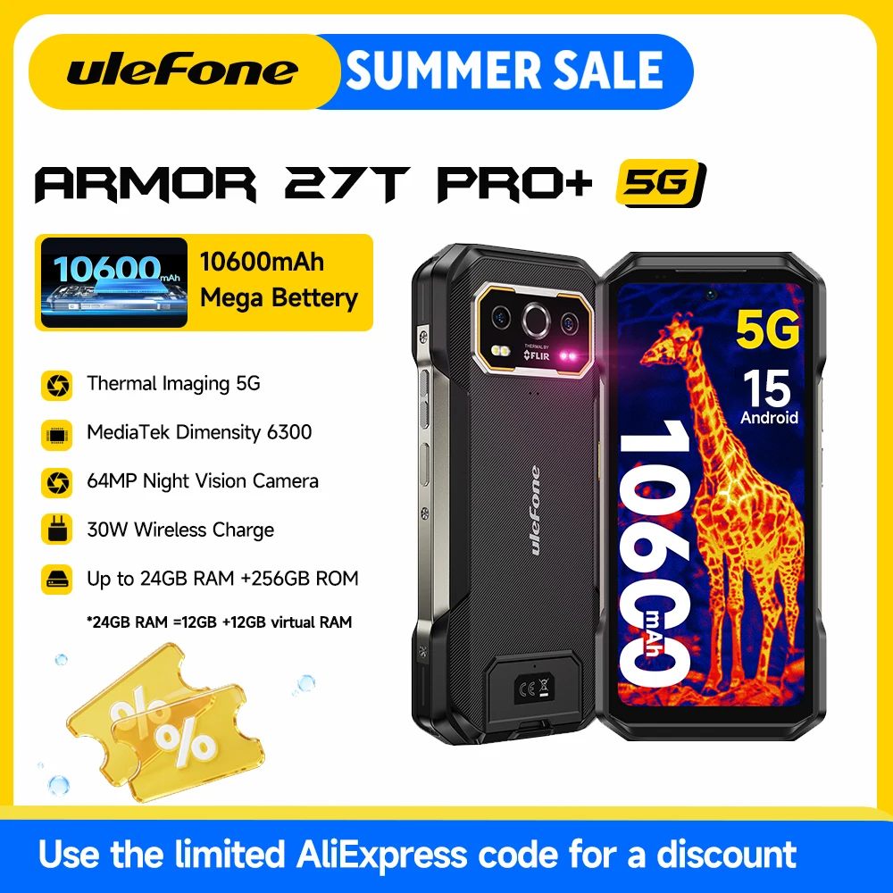 Ulefone Armor 27T Pro+ 5G Rugged Phone 10600mAh Android 15 Smartphone 50MP+64MP Night Camera 6.78\