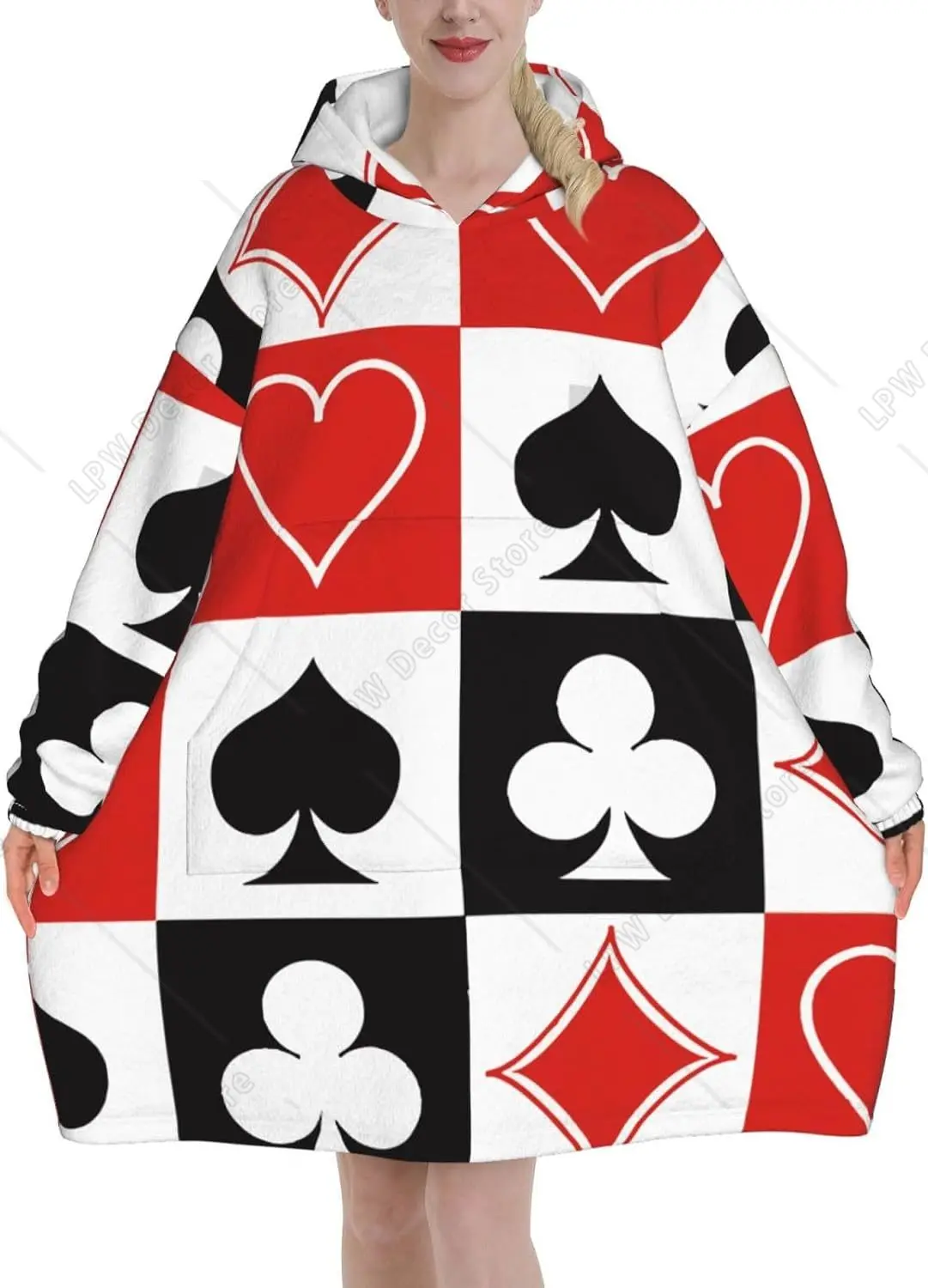 グリッドポーカープレイングカード-大人用フランネル着用可能ぬいぐるみブランケット-ポケット付き-超ソフトぬいぐるみ暖かいパーカー