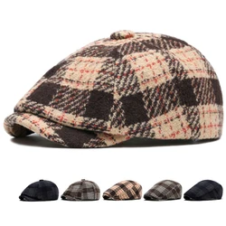HT4488 Autumn Winter Plaid Beret Cap Vintage Artist Painter Beret Hat Adjustable Ivy Flat Cap Octagonal Hat Male Female Berets