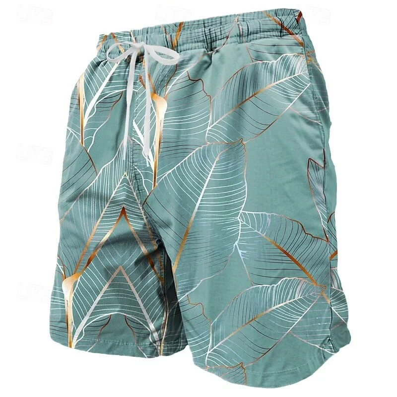 

3D Printed Colorful Leaves Short Pants For Men Plant Stripes Pattern Beach Shorts Summer Casual Street Breathable Swim Trunks