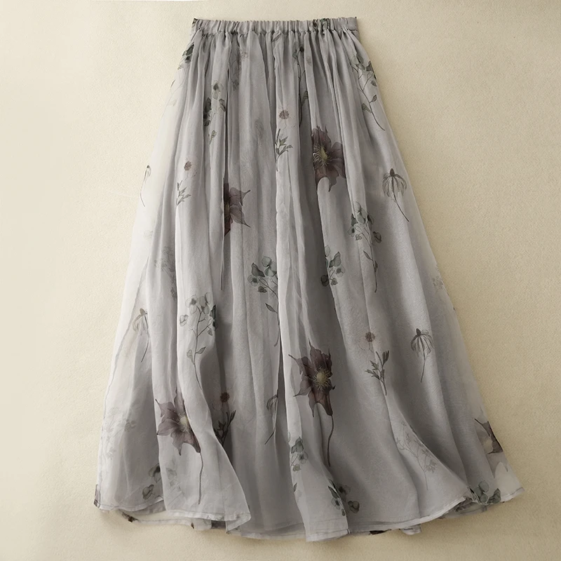 Vintage Women's Floral Print Gray Midi Long Skirt For Women Spring Summer High Waist Pocketed A-line Skirt Elegant Ladies