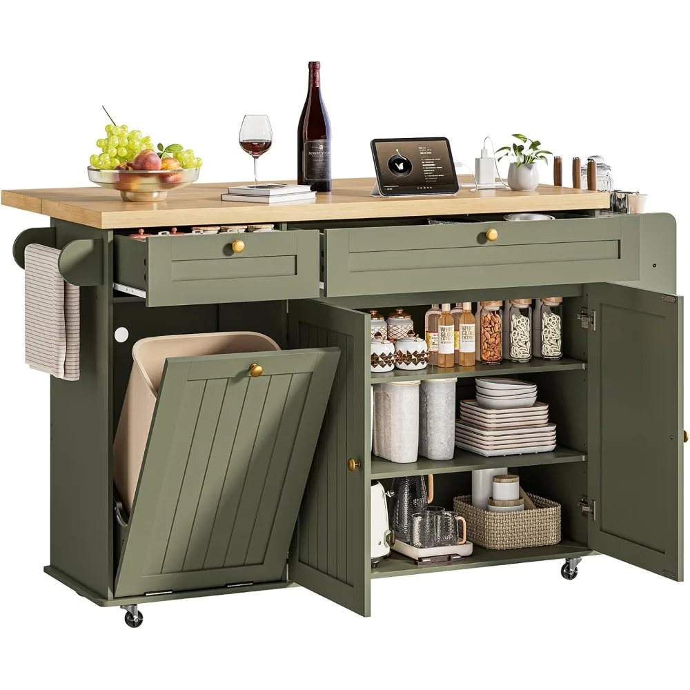 60 Kitchen Island with Power Outlet & Drop Leaf, with Spice Rack & Towel Rack, Knife Holder,Kitchen Rolling Island