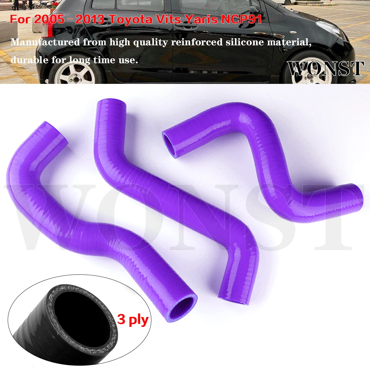 

3 Ply For 2005-2013 Toyota Vits Yaris NCP91 XP90 4ZR-FE 1.6L Silicone Radiator Coolant Hoses Kit