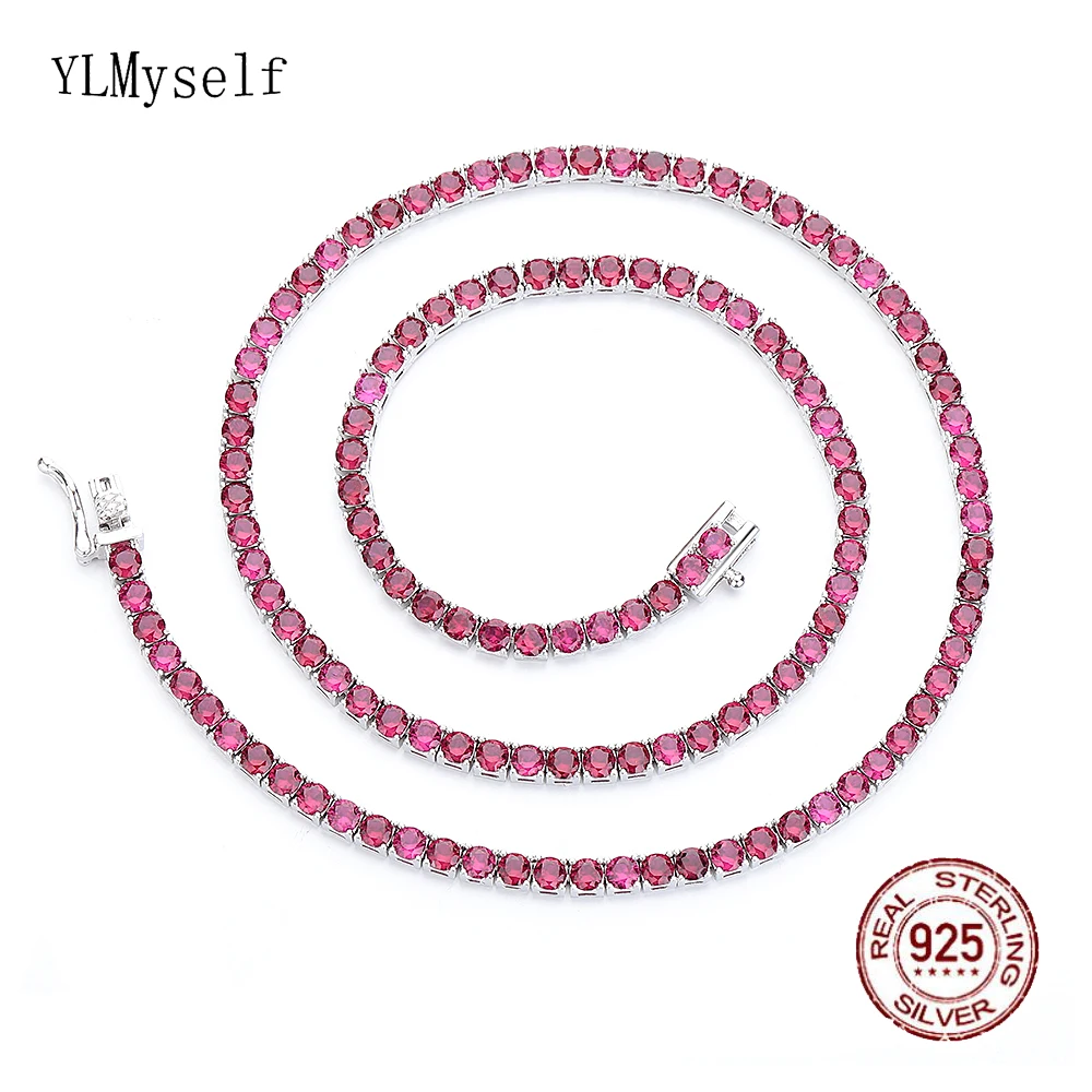 Real 925 Sterling Silver Tennis Necklace 16/18 Inch (41/45 cm) Pave 3mm Dark Ruby Red Cubic Zircon Fine Jewelry Choker Chain