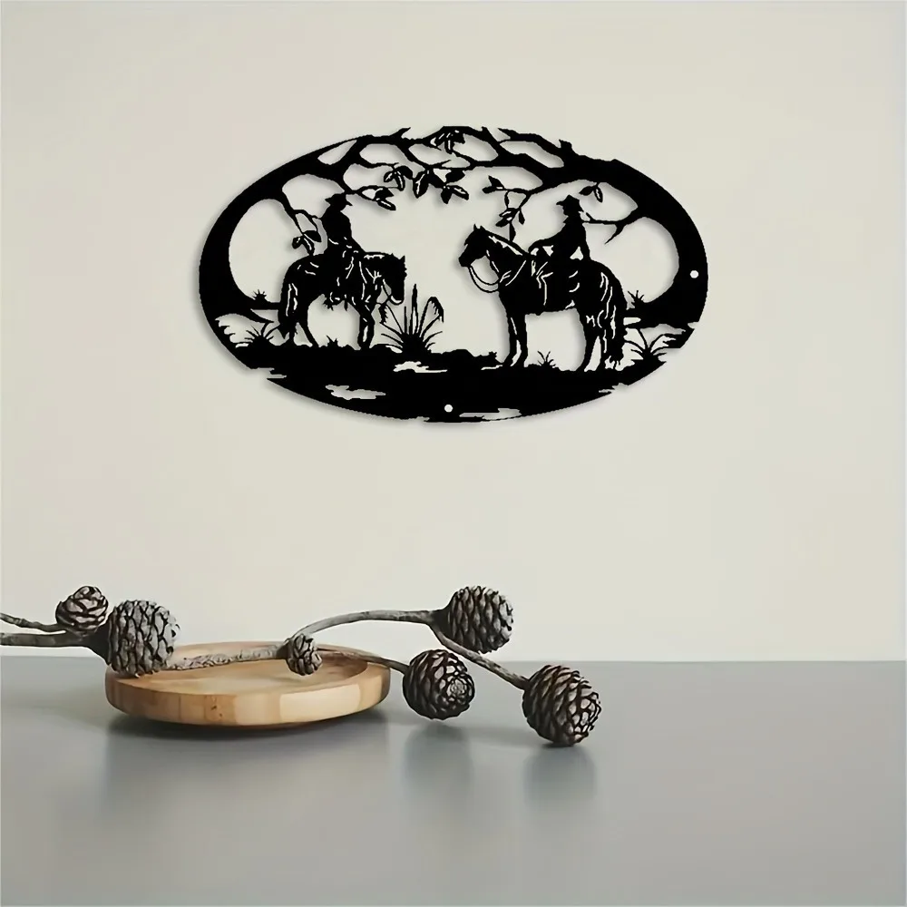 Western Cowboy Metal Wall Art, Rustic Iron Horseshoe-Shaped Silhouette Cowboy Horse Scene Cacti Bucking Bronco, Easy Hang No Too