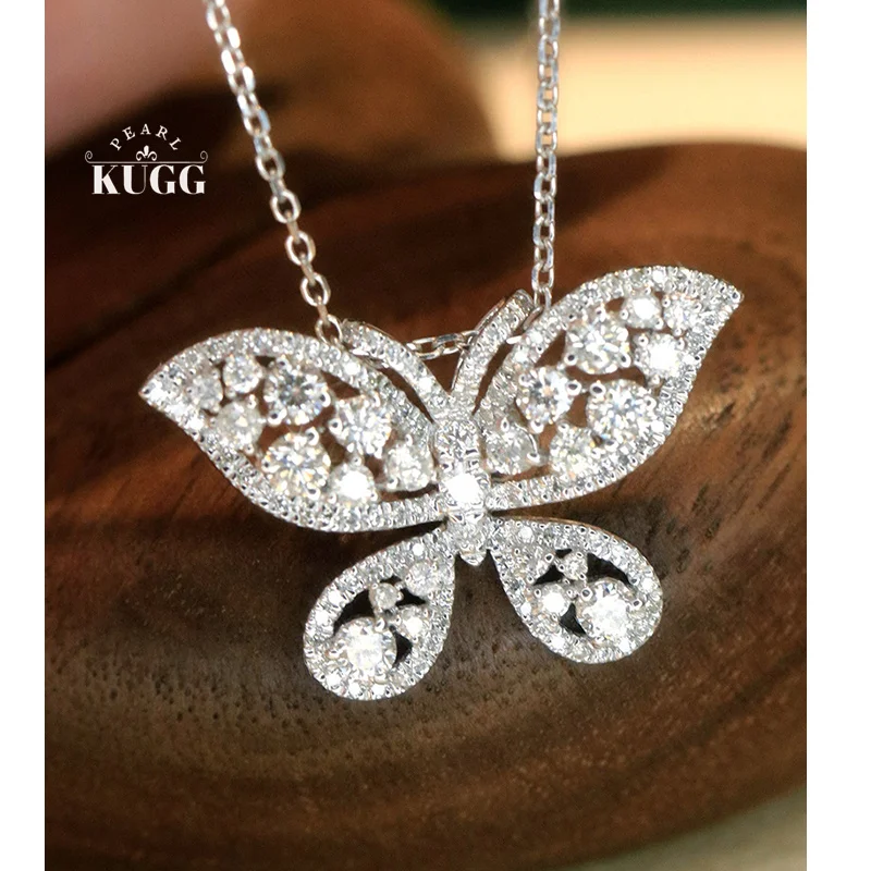 

KUGG 100% 18K White Gold Necklace Elegant Butterfly Shape 0.88carat Real Natural Diamond Pendant Necklace for Women Fine Jewelry