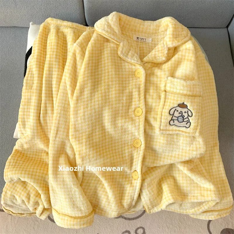 Thickened Fleece Plaid Sleepwear Women's Cartoon Cute Dog Casual Home Clothes Long Sleeve Button up Closure Elastic Waist Pants