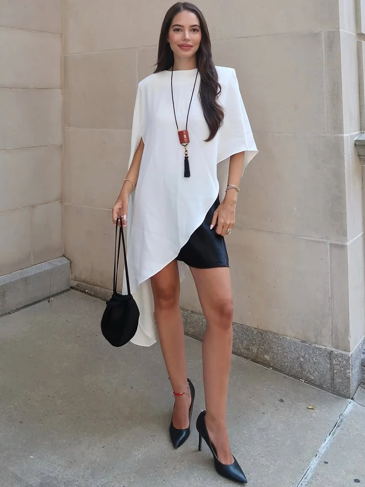 Trendix White Asymmetrical Cover Up For Women Fashion Ruffle Hem Loose Short Sleeve Shirts Casual Elegant Commuting Pullover Top