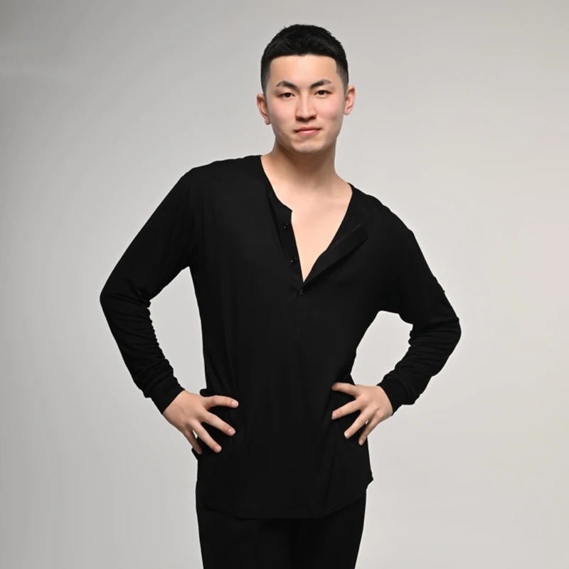 2025 nouvelle danse latine col en v hauts hommes manches longues vêtements d'entraînement mâle moderne danse vêtements noir adulte danse chemise XH2883
