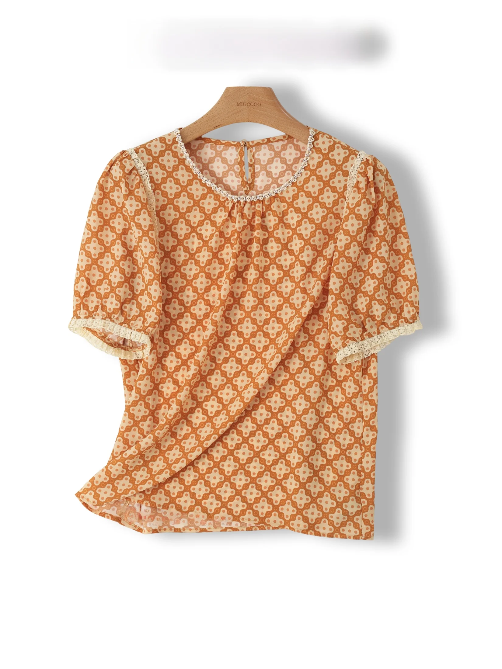 

Retro Floral Print round Neck Shoulder Tulle Splice Fashionable Top Summer New Arrival French Style Loose Fit Short Sleeve Wo...