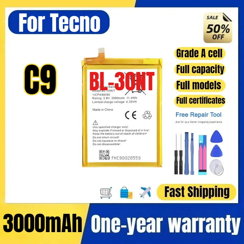 BL-30NT for Tecno C9 Phone Batteries 0 Cycle High Quality High Capacity Battery Replacement Bateria Grade A Cell with Tools