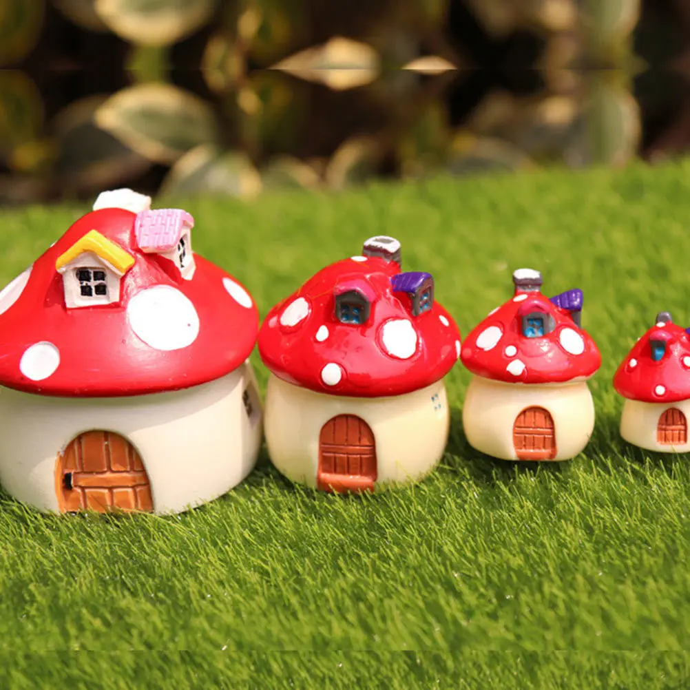 4Pcs Moss Micro Landscape Bonsai Resin Ornaments Mushroom House Design Garden Lawn Home Yard Decorative Miniature Craft