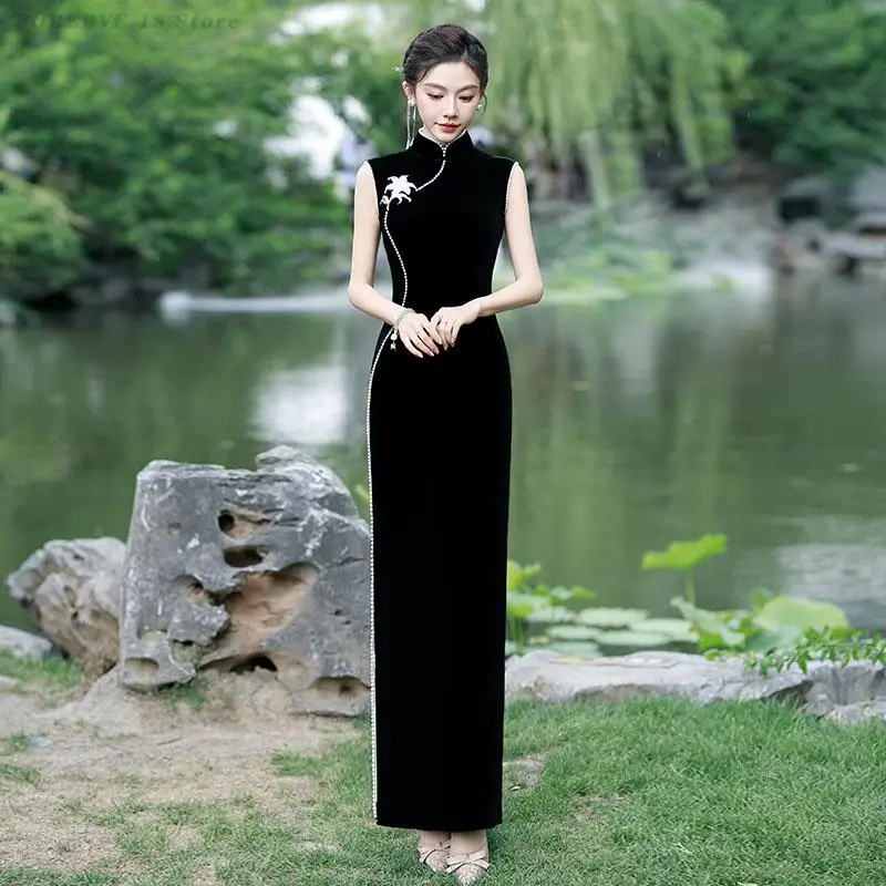 

Осень-зима бархатное длинное платье Cheongsam для выступления на сцене платье в стиле ретро облегающее платье Vestidos элегантное вечернее платье 5XL Qipao