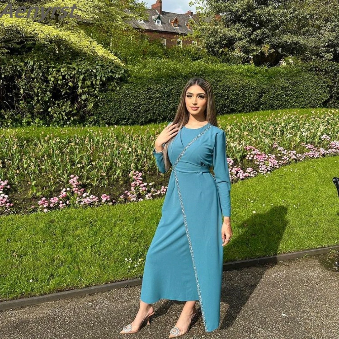 Elegant Evening Dress O Neck Long Sleeves Beading Party Gown Ankle Length Formal Saudi Arabia Prom Dresses فستان سهرة نسائي