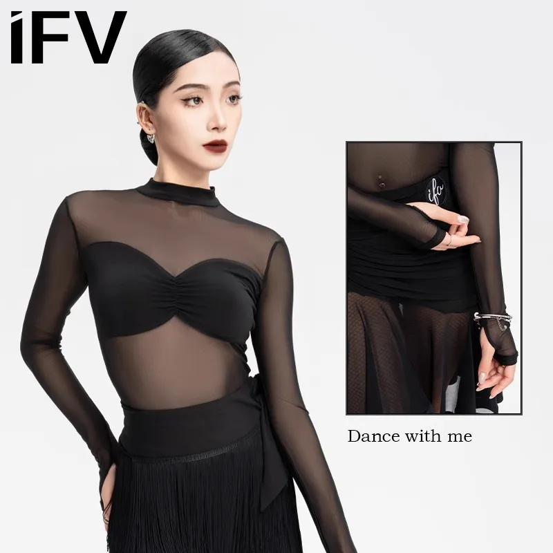 

customized IFV perspective backless Latin dance jumpsuit women chest cushion ballroom dance long sleeved top bodysuit leotard
