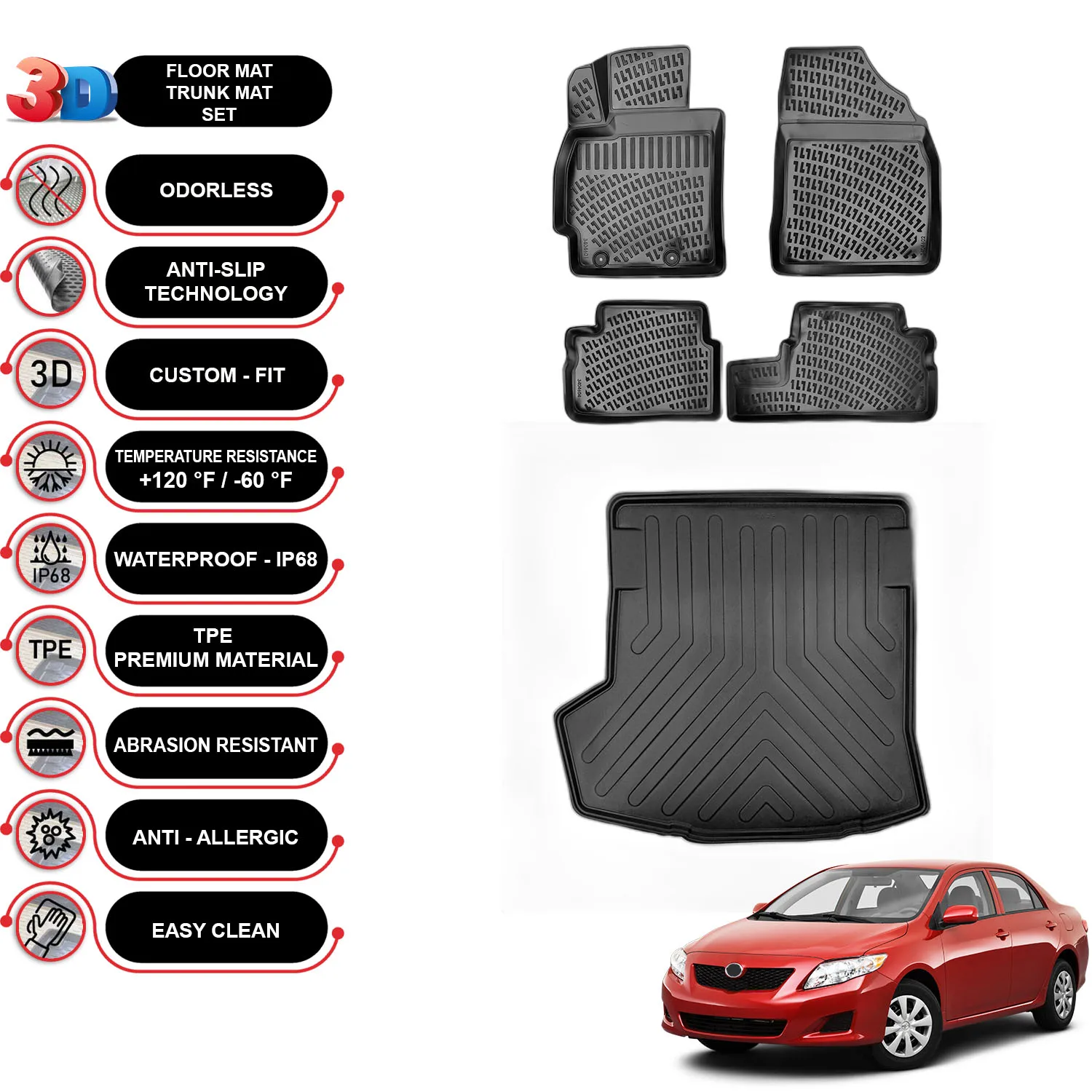 Toyota Corolla - (2006-2012) - Floor Mats + Cargo Trunk Liner - SET - (Black)