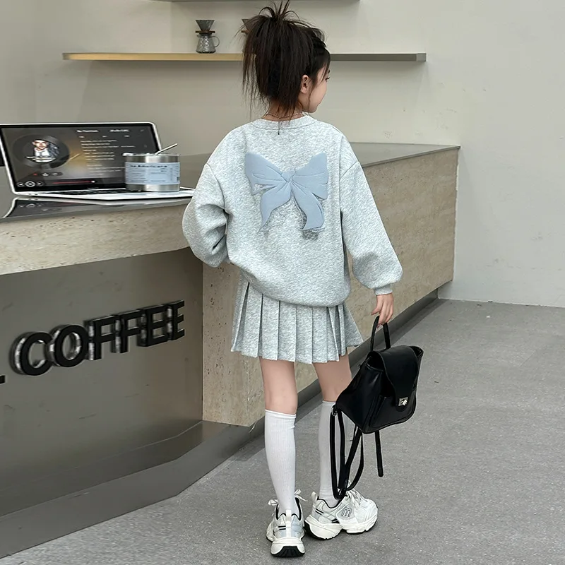 2026 tracksuit girls autumn bow sweatshirt hooded top t-shirt + Pleated skirt teenager children clothes set 4 8 10 11 12 14 year