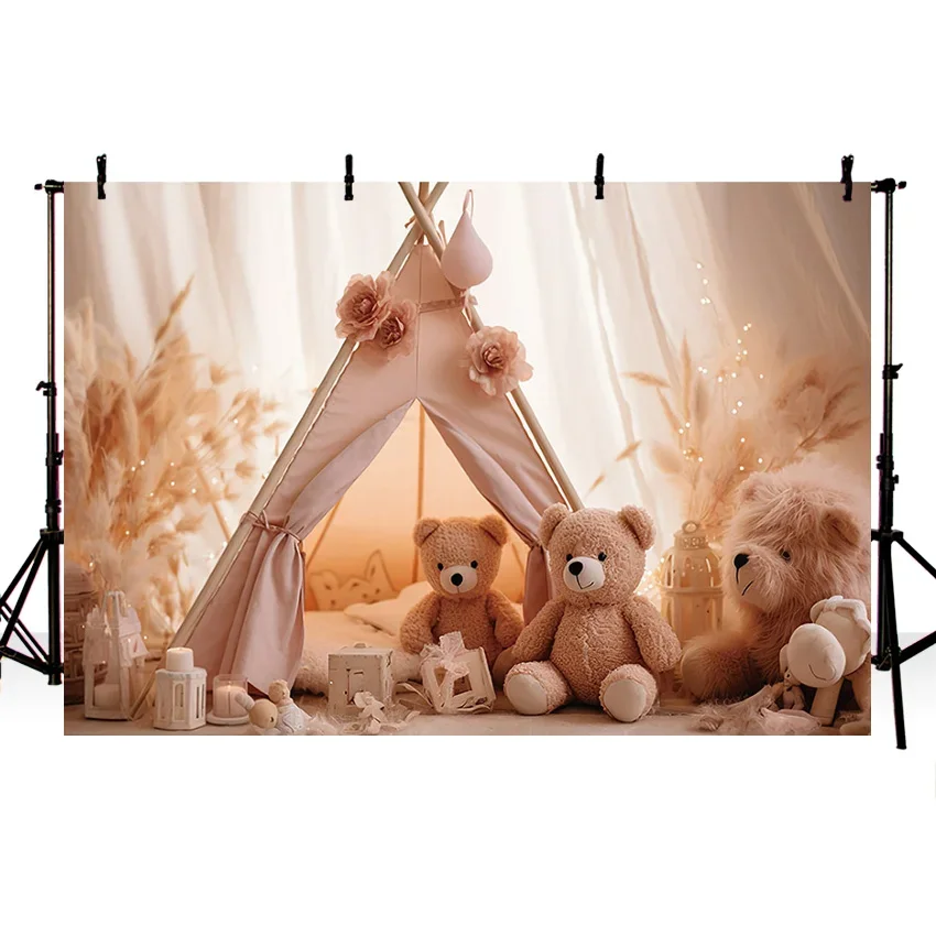 Mehofond Photography Backdrop Pink Toy Bear Camping Tent Newborn Bithday Party Boho Pampas Cake Smash Decor Background Studio