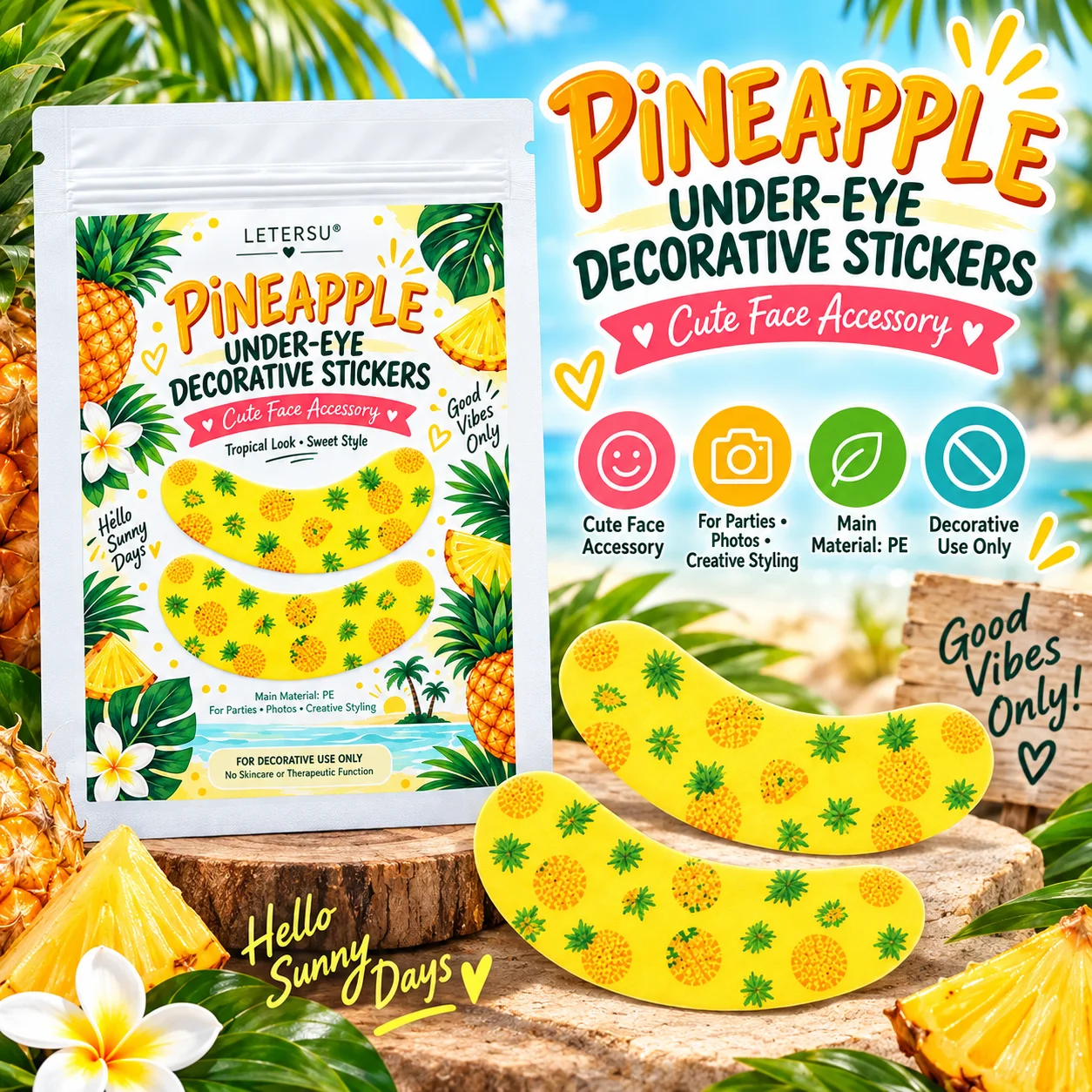 4PCS Pineapple Under Eye Stickers, Cute Tropical Eye Patches, Summer Face Makeup Decorations for Women, Beach Party Festival