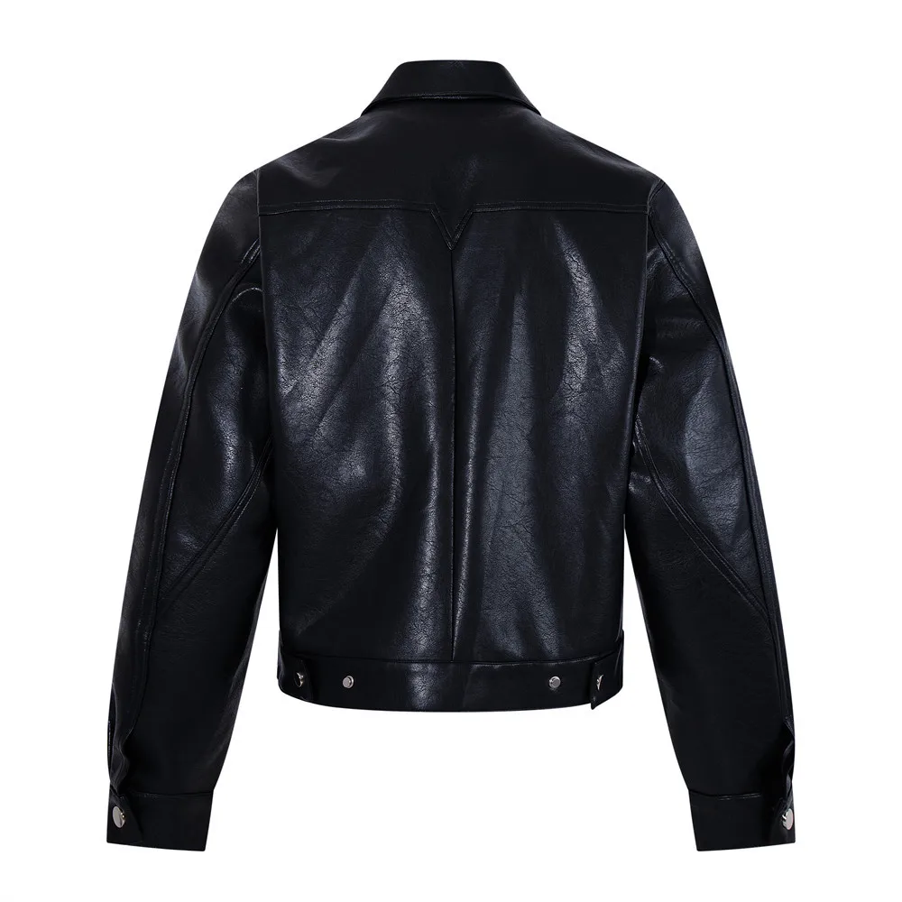 MWJLPWQ Collared Biker PU Leather Jacket For Men Spring Autumn Trendy Punk Style Rivets Double Zipper Design Short Tops 20578