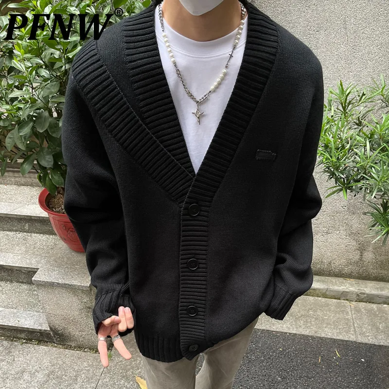 PFNW American Versatile Autumn V-Neck Male Cardigan Sweater Vintage Knitted Solid Color Men\'s Lazy Style Warm Tops Chic 28W4437