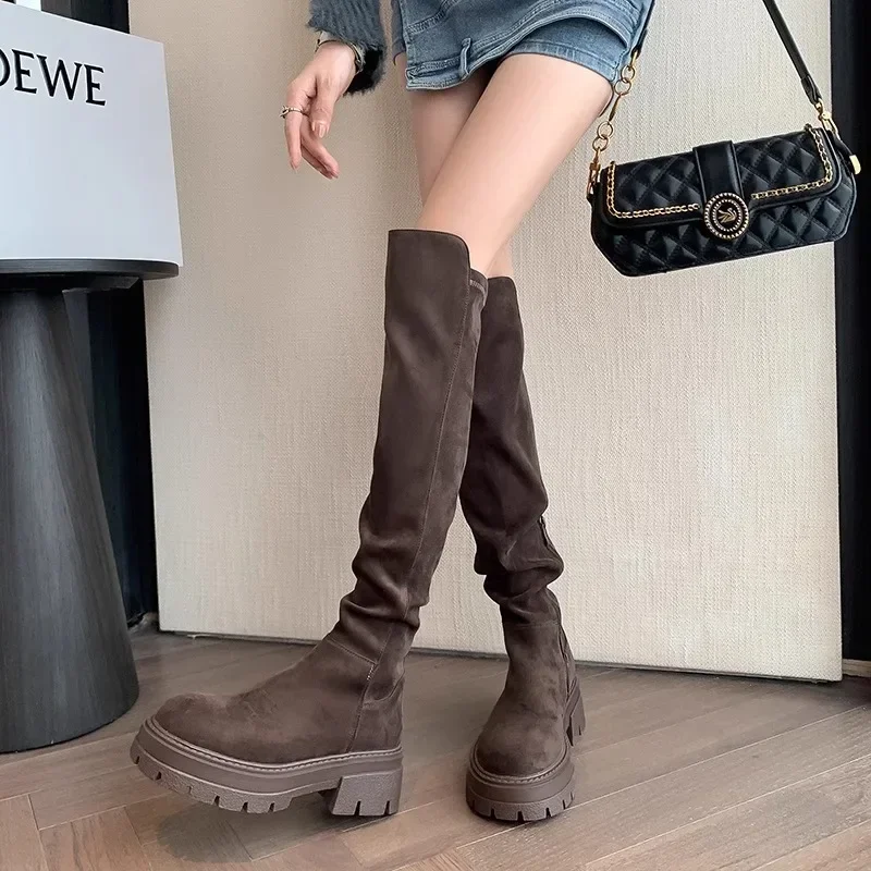 Thick soled knee high boots for women, thick leg high boots, elastic and slimming long boots