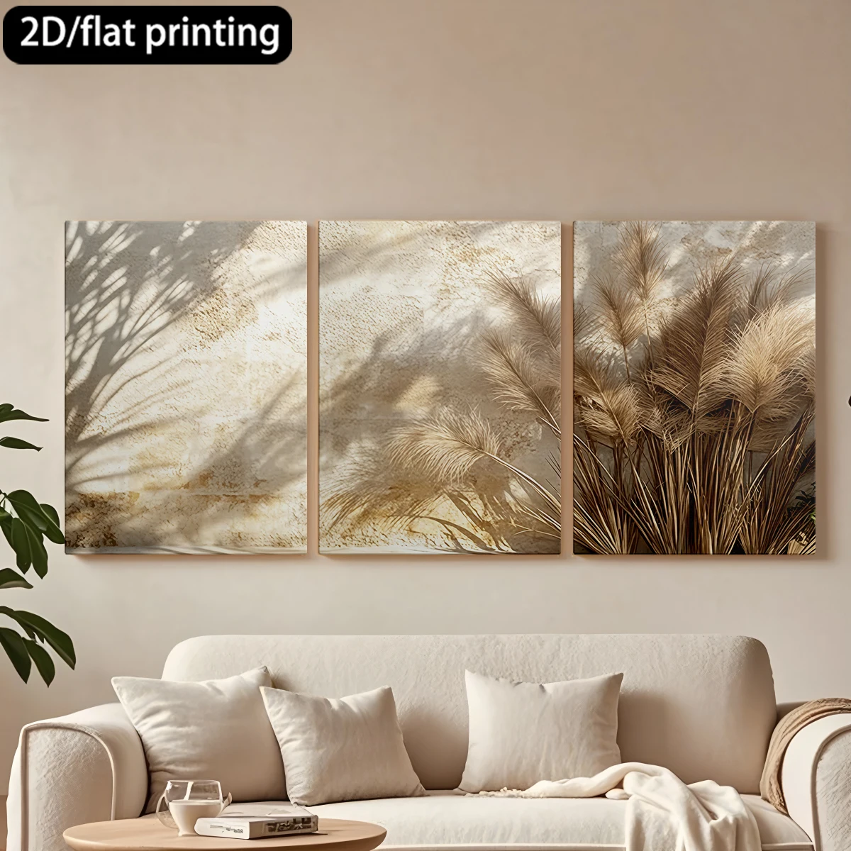 

Three-panel decorative canvas paintingPampas grass, textured wall, soft shadows.