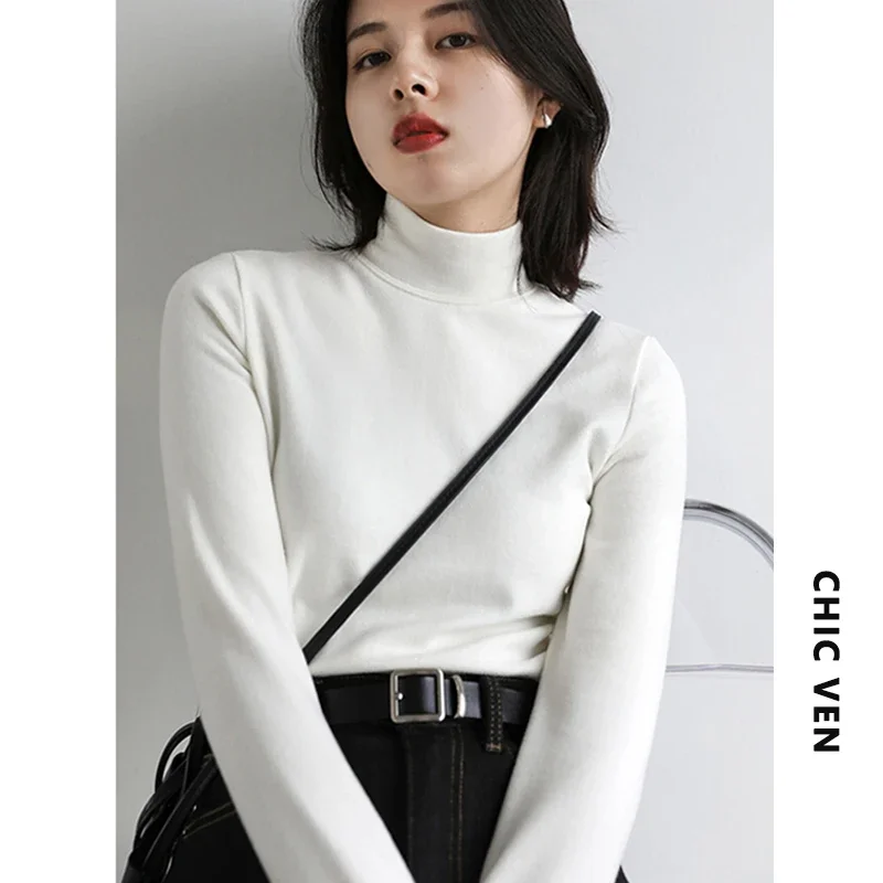 CHIC VEN Women\'s Sweatshirts Turtleneck Pullovers Casual Solid Dralon Warm Bottom Blouse Office Lady Tops Autumn Winter 2022