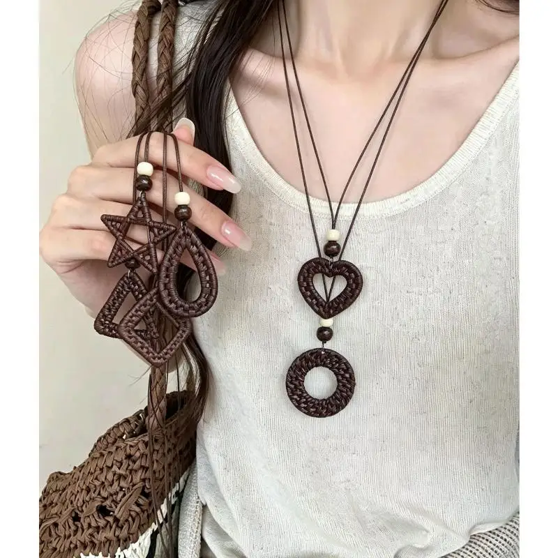 Vintage Ethnic Style Weaving Hollow Out Geometric Resin Pendant Long Chain Necklace for Women Charms Bohemian Vacation Jewelry