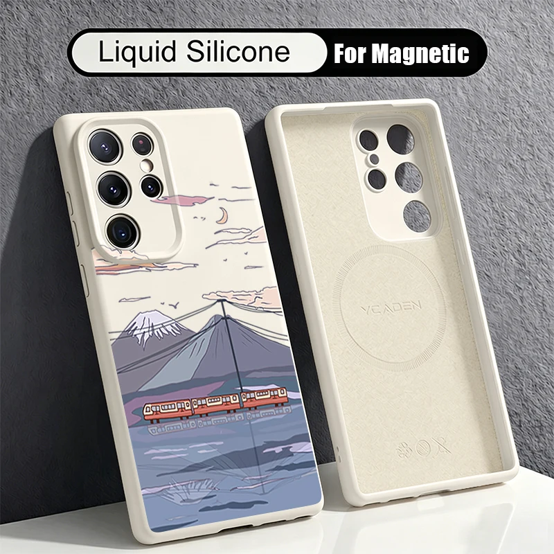 Silicone Magnetic Phone Case For Samsung Galaxy S26 S25 S24 Ultra Plus S23 S22 Ultra For Magsafe Mountain View Patterned Cover