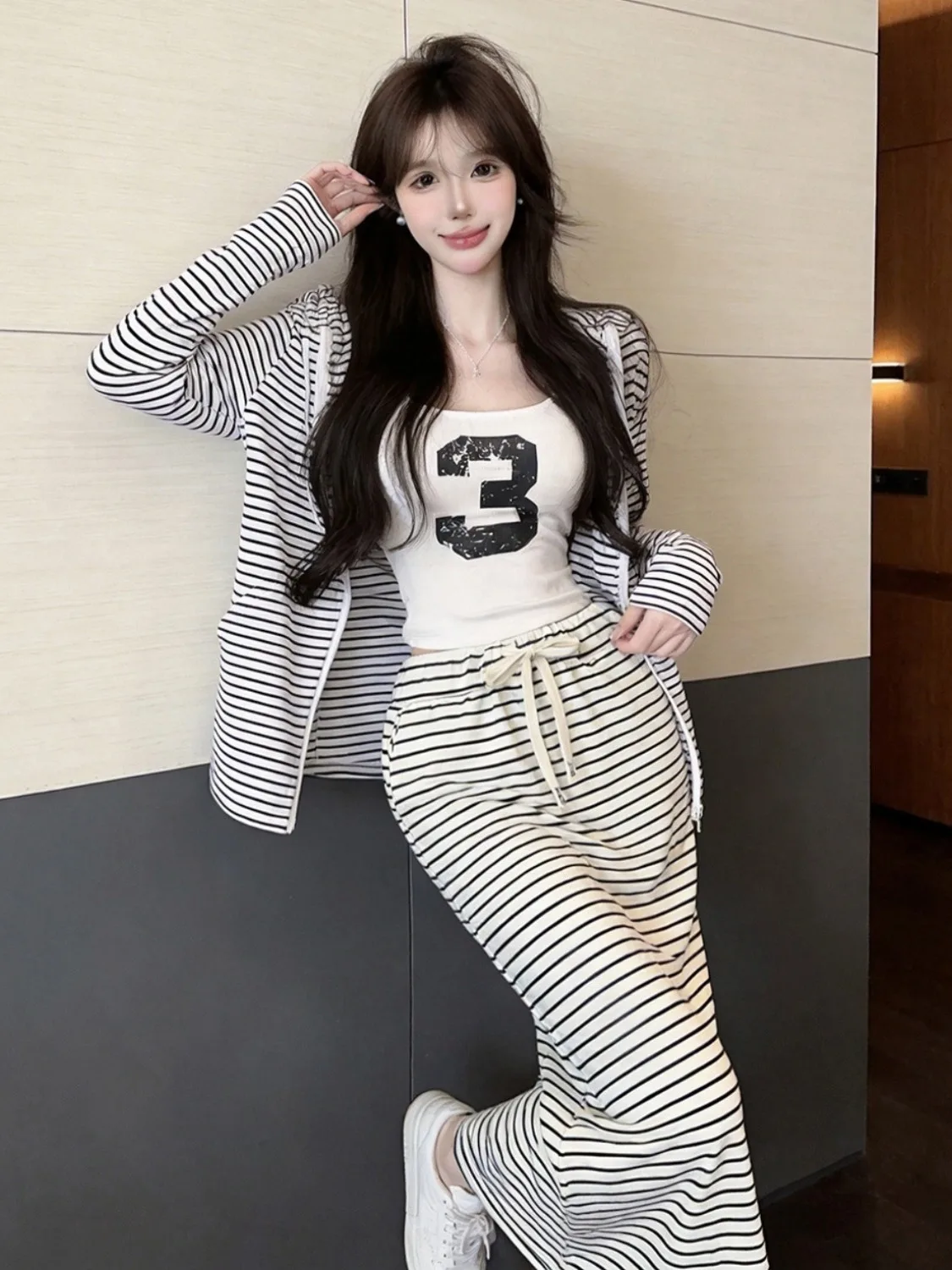 Korean Casual Fashion Loose Color Block Striped Hooded Open Cardigan Sweatshirt Letter Vest Slimming Skirt Set Women's Wear