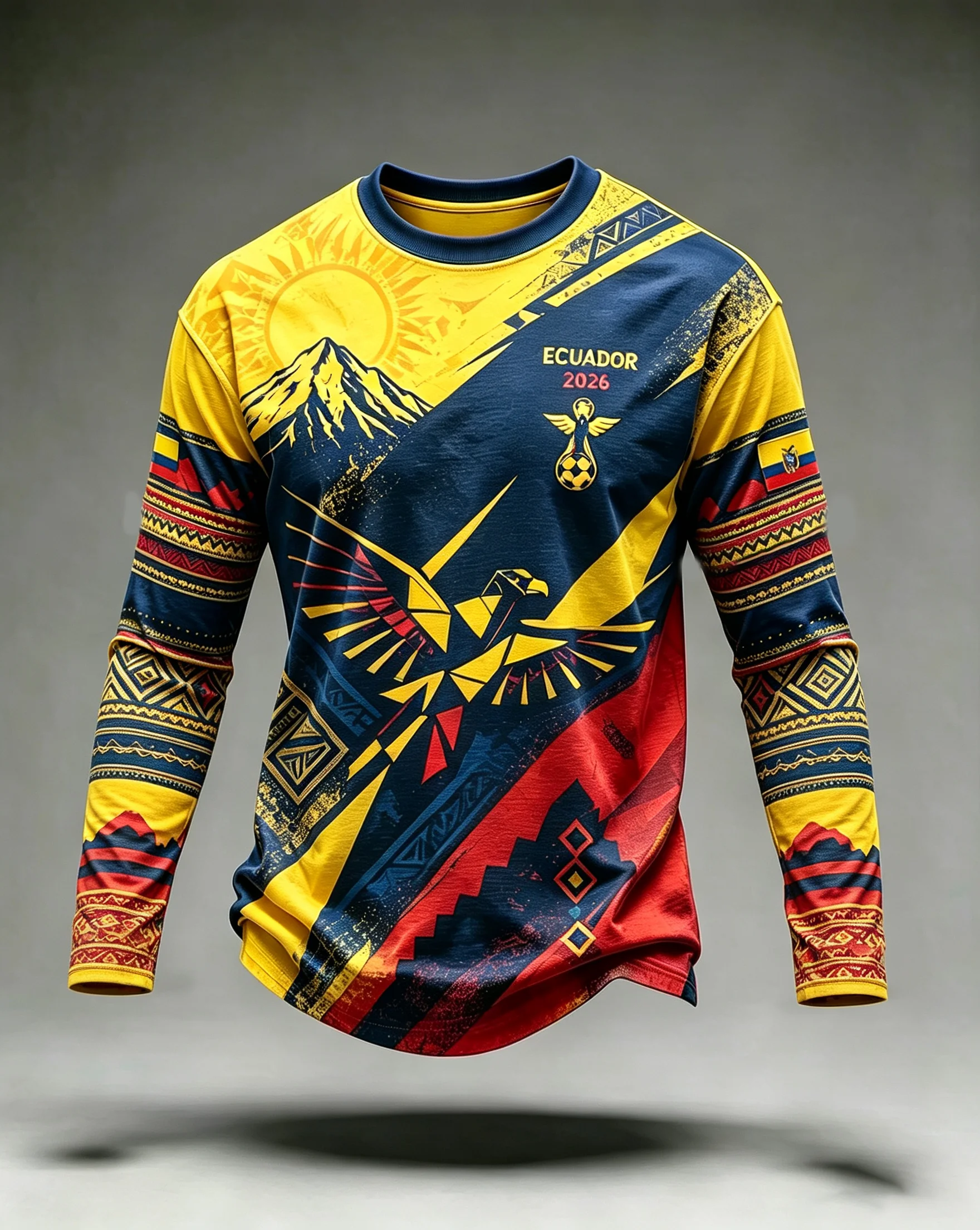 Men Women Ecuador 2026 Long Sleeve Soccer Jersey, 3D Tribal Eagle Mountain Print Quick Dry Athletic Sports Tee