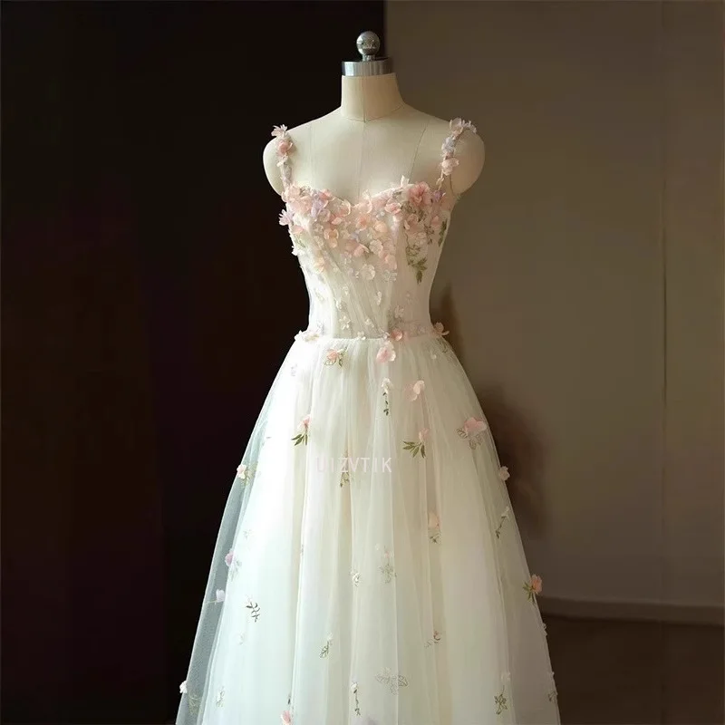 

Vintage Spaghetti Straps Birthday Party Dress for Women Flower Applique Style A-Line Prom Dress Banquet Formal Occasion Dress