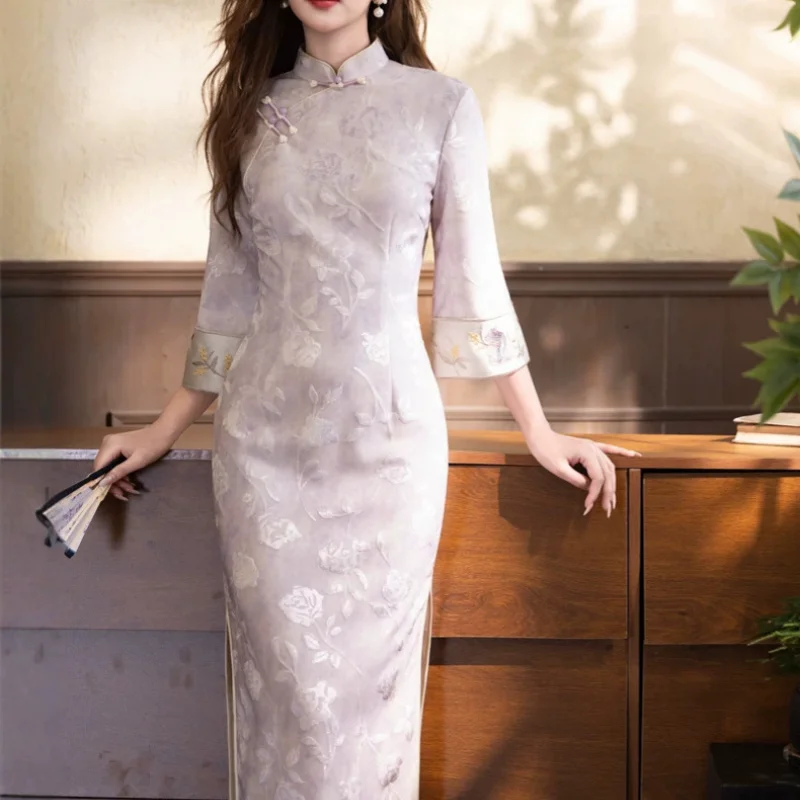 Mandarin Collar Elegant Women Qipao Tops Three Quarter Sleeve Cheongsam Print Vintage Button Daily Casual Outwear Vestidos