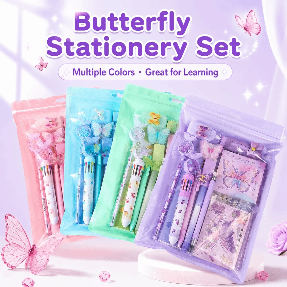 Kawaii 12-in-1 Butterfly Stationery Set Dreamy Butterfly Complete Stationery Set Correction Tape Students