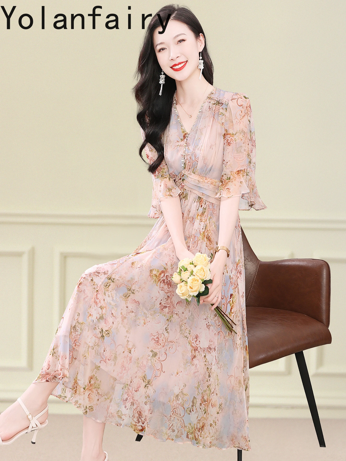 YOLANFAIRY 100%Natural Mulberry Silk Dress Women French Gentle Style V-neck Printed Dress Elegant Birthday Dresses Woman Vestido