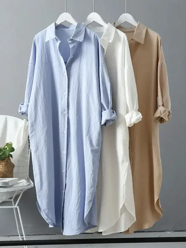 

Pure Color Mid-Length irt for Women Turn-down Collar Loose Fit Long Sve Collar Street Sle Polyester Casual irt
