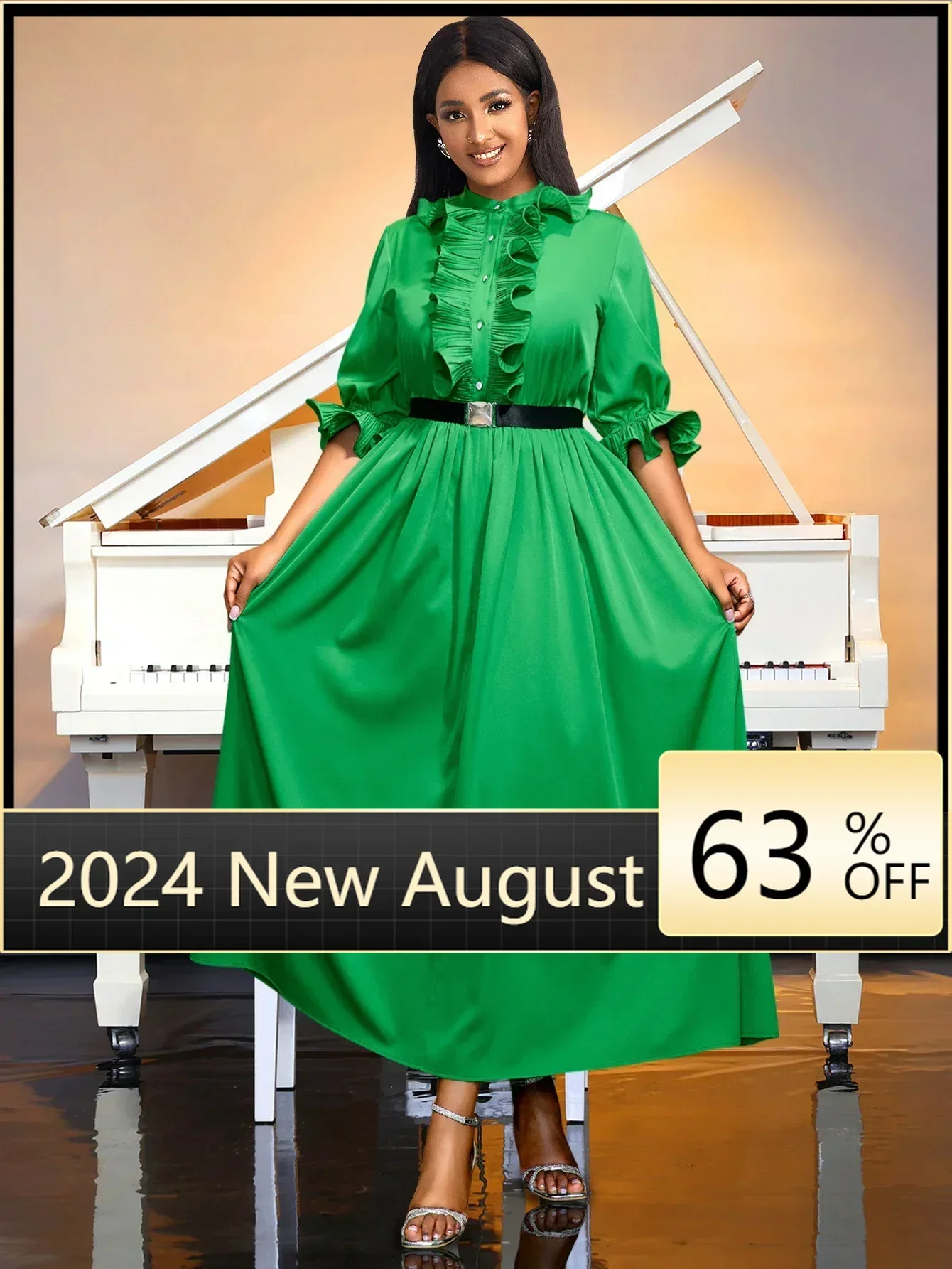 

Elegant Green Casual Dress O Neck Ruffles Half Sleeve High Waist Pullover Button Up A Line Women Long Dress with Belt Summer New