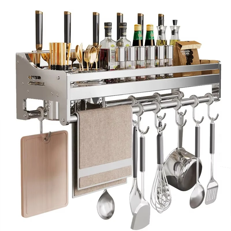 

304 stainless steel wall-mounted spice rack, with knife organizer, integrated kitchen storage rack without drill bit