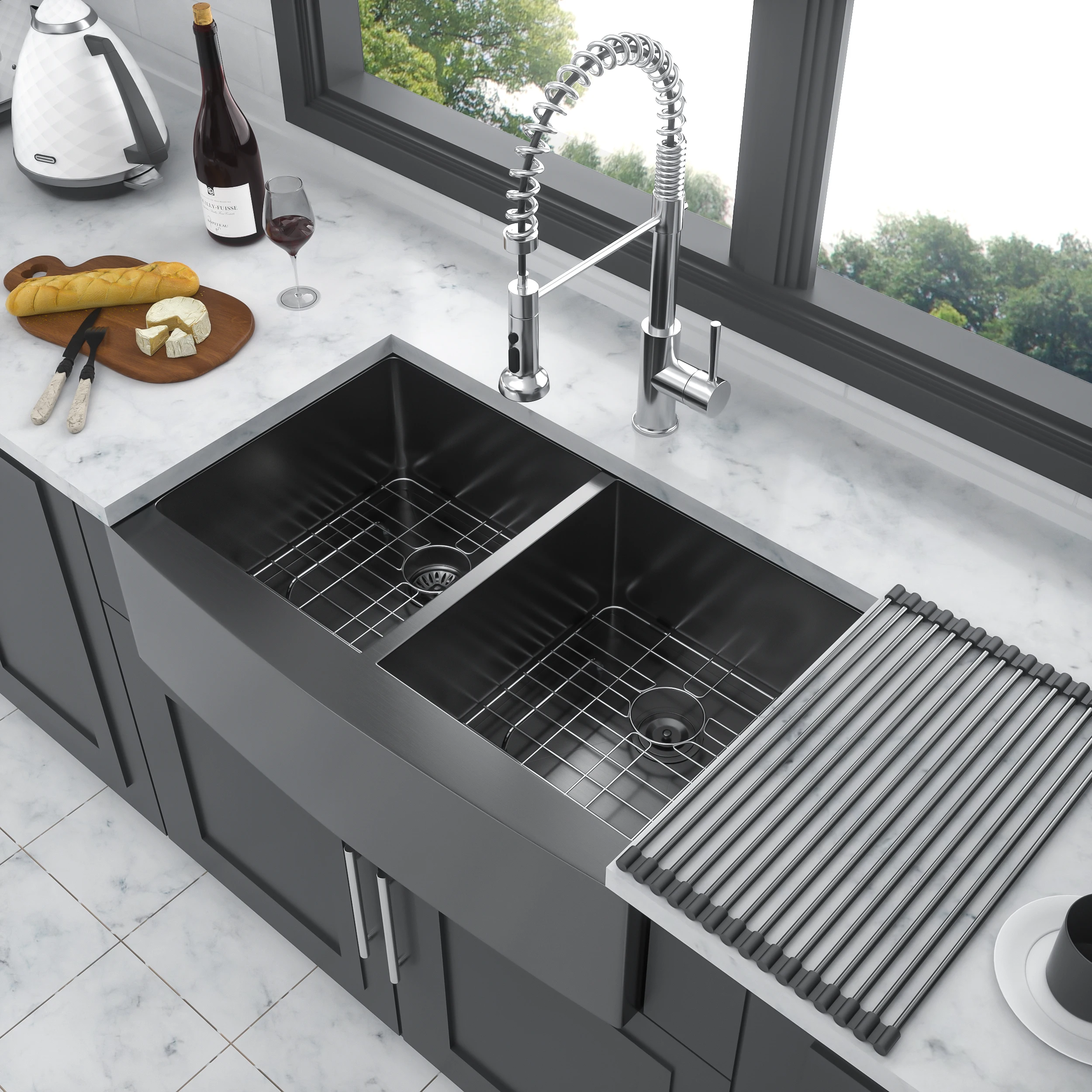 

Gunmetal Black Double Bowl (50/50) Farmhouse Sink- 33"x21"x10"Stainless Steel Apron Front Kitchen Sink Basin with Two 10" Dee