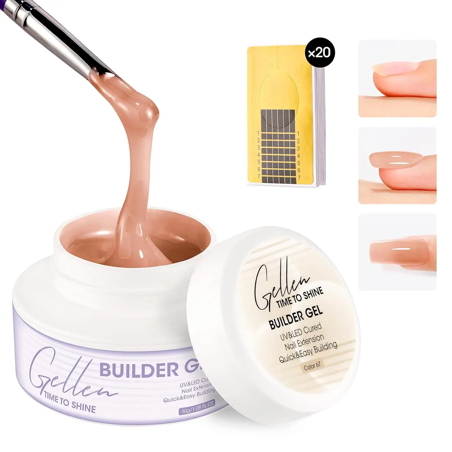 

GELLEN 30g Builder Gel Nails Extensions Strengthen Nude Hard Gel with 20 Pcs Forms Beginners Professional Manicure Art Supplies