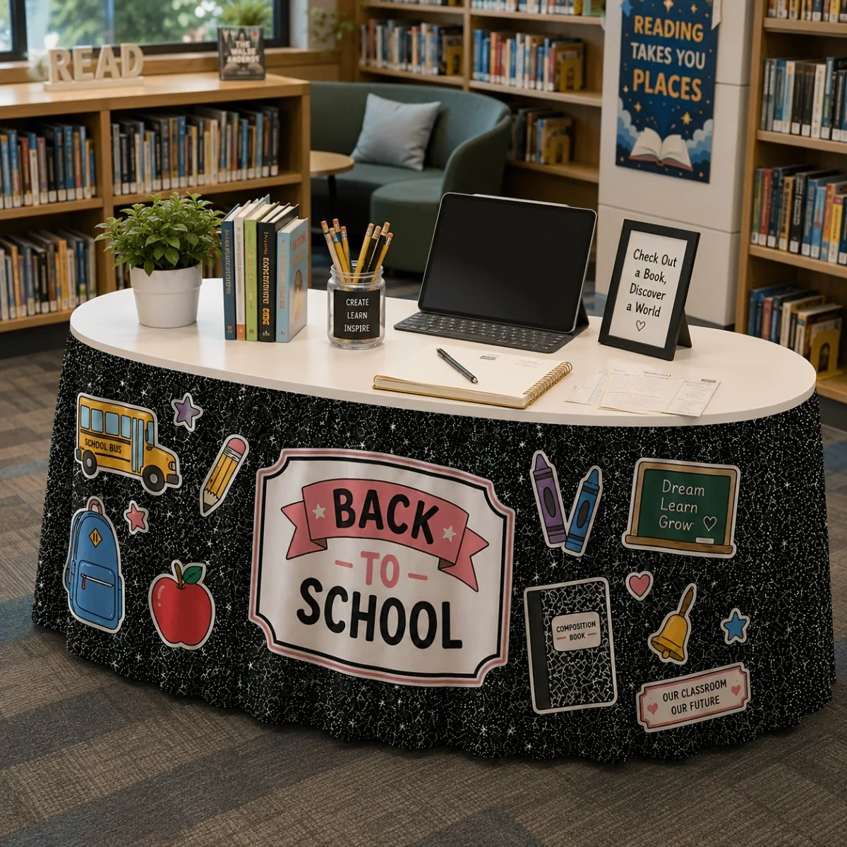 Party table skirt, Back-to-School season, Black glitter, School supplies print decoration, Suitable for teacher's deskxzj