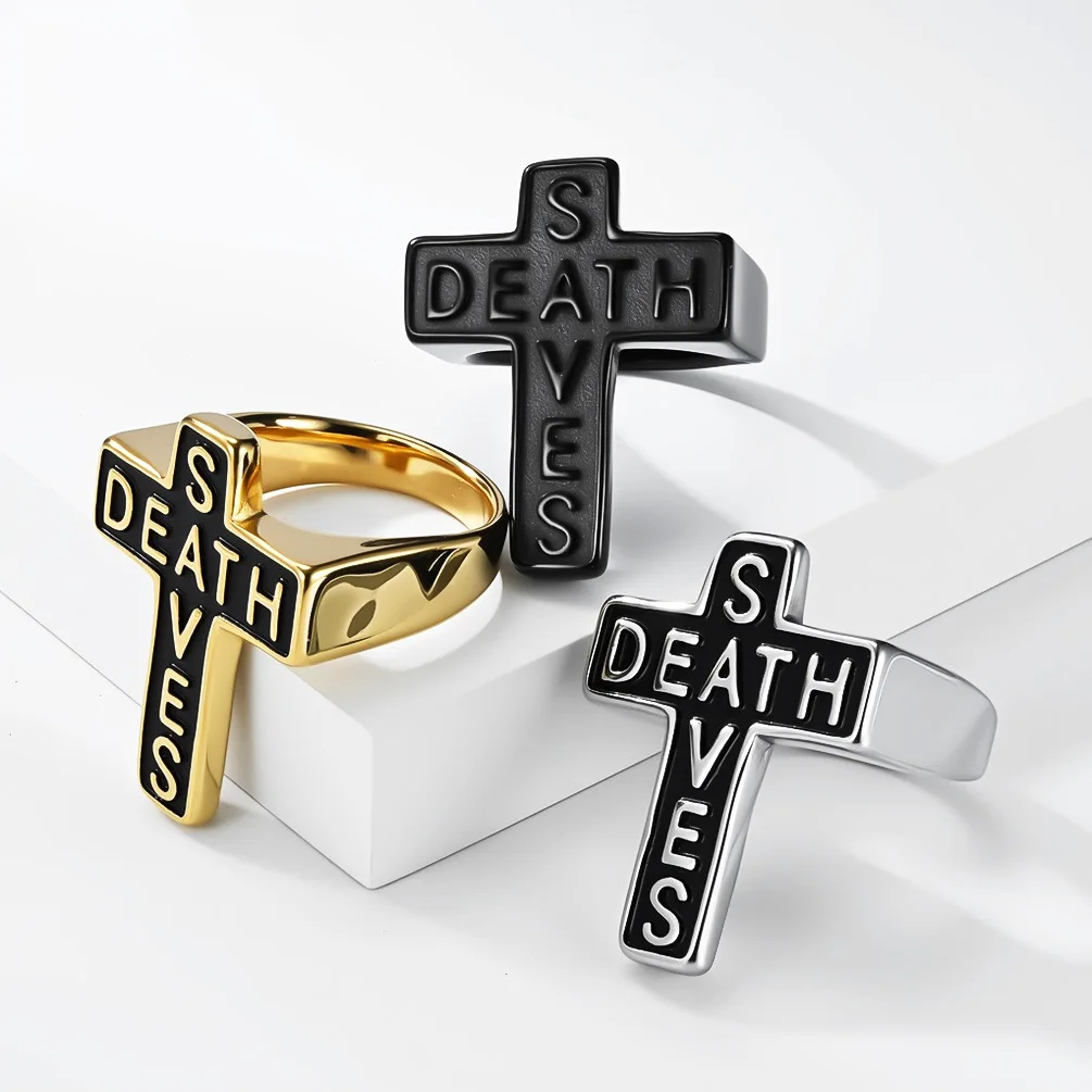 Stainless Steel Rock Retro Dark Gothic DEATH SAVES Cross Men's Ring