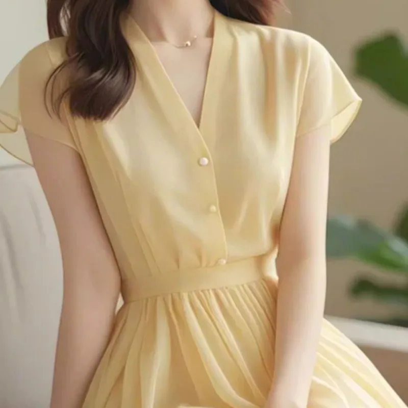 Women Clothes Summer Fashion Simplicity All-match Temperament Appear Thin Chiffon Solid Color V-neck Short Sleeve Casual Dresses