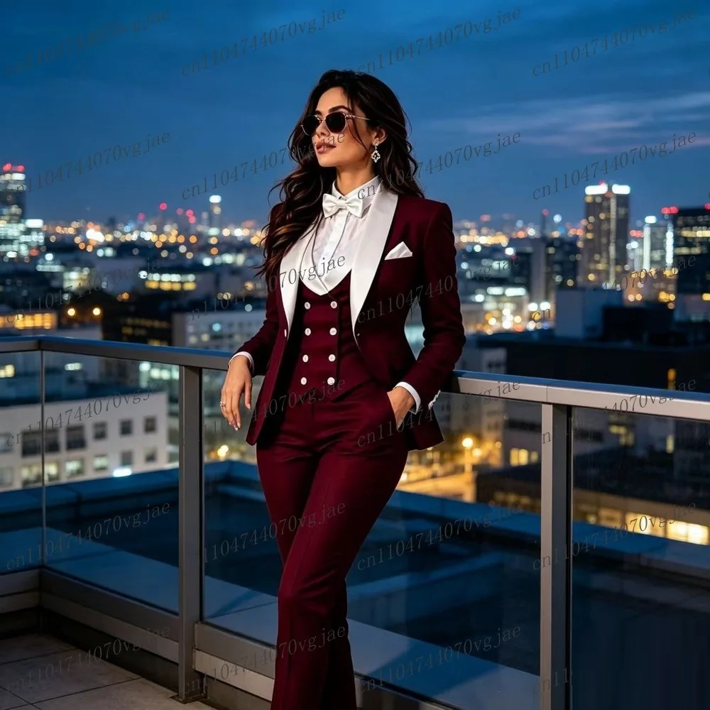 White Collar Burgundy Formal Business Women Suit Wedding Party Prom Ladies Mother Girl Tuxedos 3 Piece Set Blazer Vest Pants