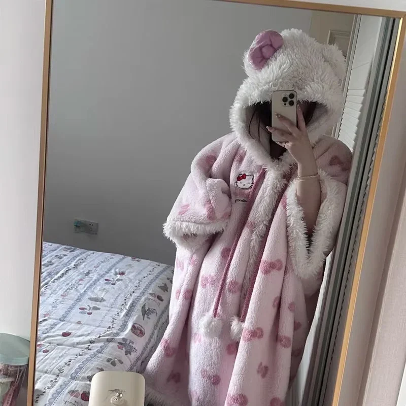 Miniso Kawaii Hellokitty Plush Robes Girls Cute Sanrio Anime Y2K Pajamas Hooded Blanket Casual Fleece Sleepwear Women Clothing