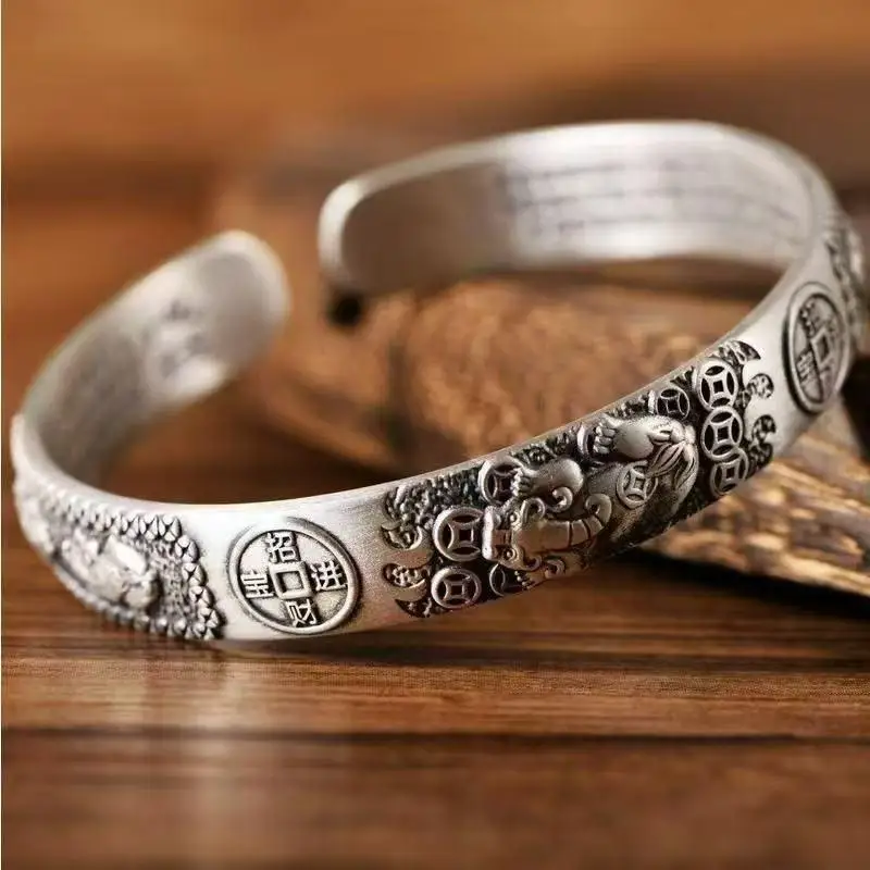 「Retro Copper Coins Pixiu Charms Bracelet Men's Silver 925 Design Simple Chinese Style Domineering Open Bangles Jewelry」