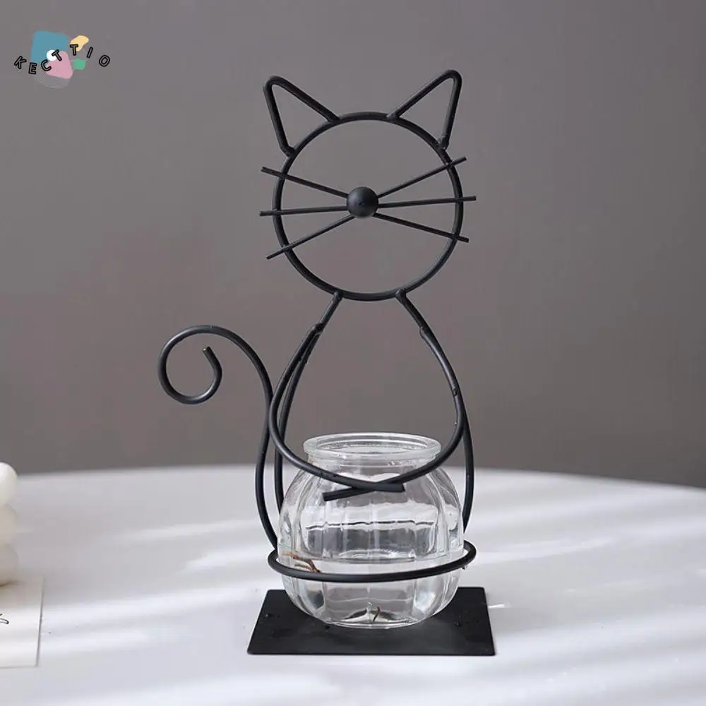 

Creative Cute Cat Hydroponic Plant Vase Unique Cartoon Cat Metal Holder With Bottle Flower Vase Ornaments Living Room