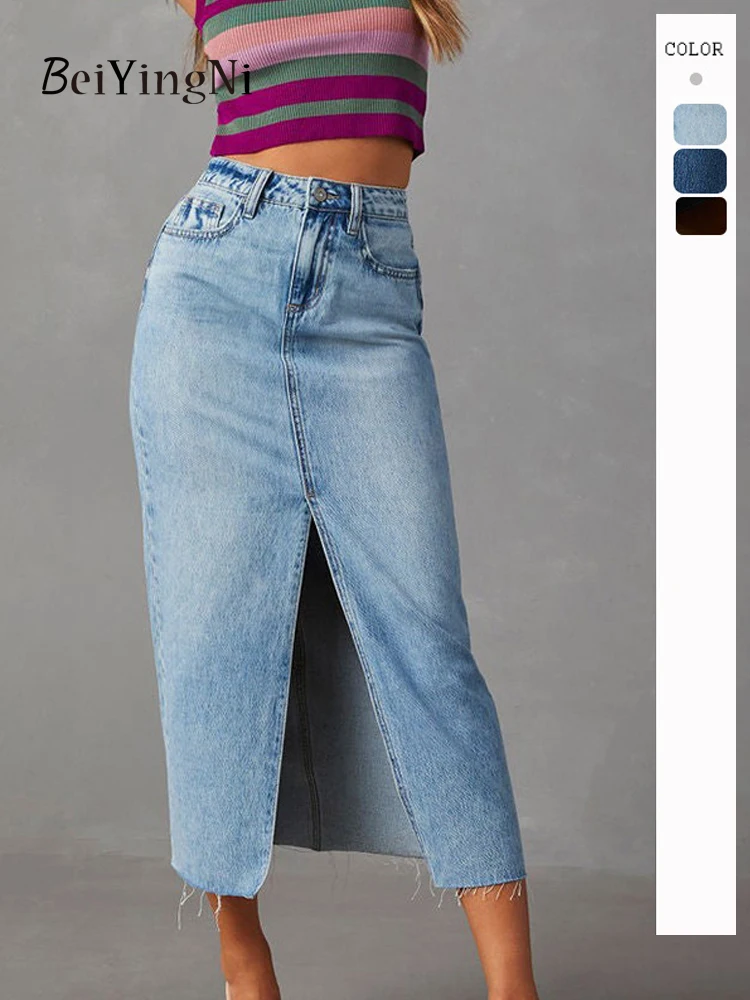 

Beiyingni 2025 Spring Summer Women Denim Skirts Sexy High Street Slim Fit Split A-line Skirt Female Fashion Casual Midi Faldas
